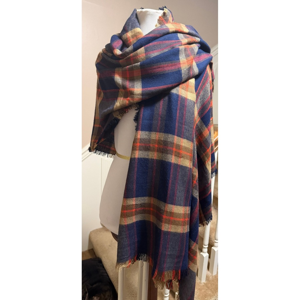 Accessorize Navy Blue Tan Orange Plaid Blanket Scarf Frayed Fringe Wrap